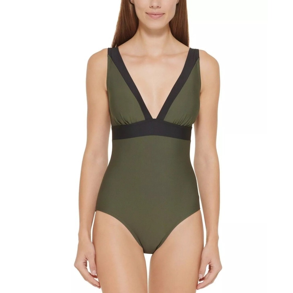 DKNY Green/Black V-Neck Contrast Trim One Piece Swimsuit, Size‎ 12